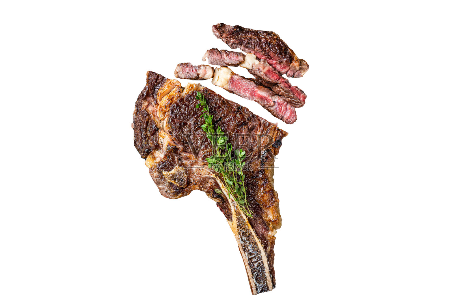 在切肉刀上干熟烤战斧式或牛仔肉排。孤立，白色背景。照片摄影图片