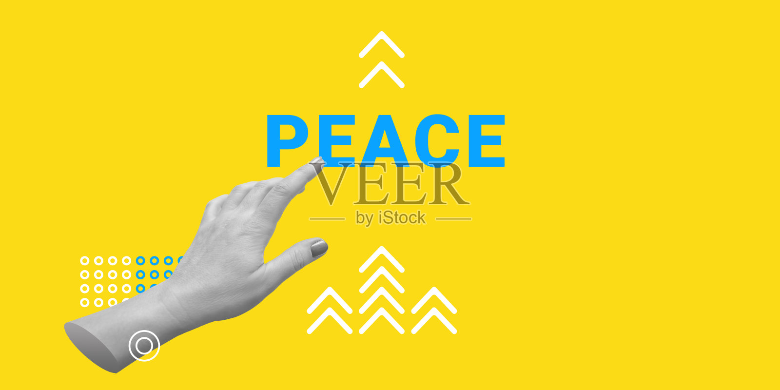 追求和平、和谐、安宁的理念。手指着黄色背景上的蓝色和平铭文。极简艺术拼贴照片摄影图片