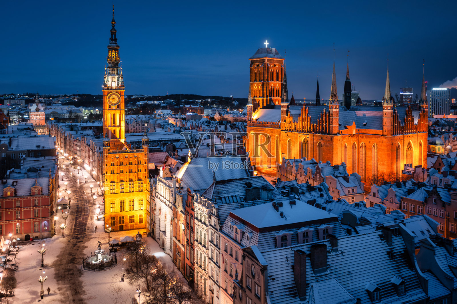 波兰格但斯克美丽主城的冬季鸟瞰图照片摄影图片