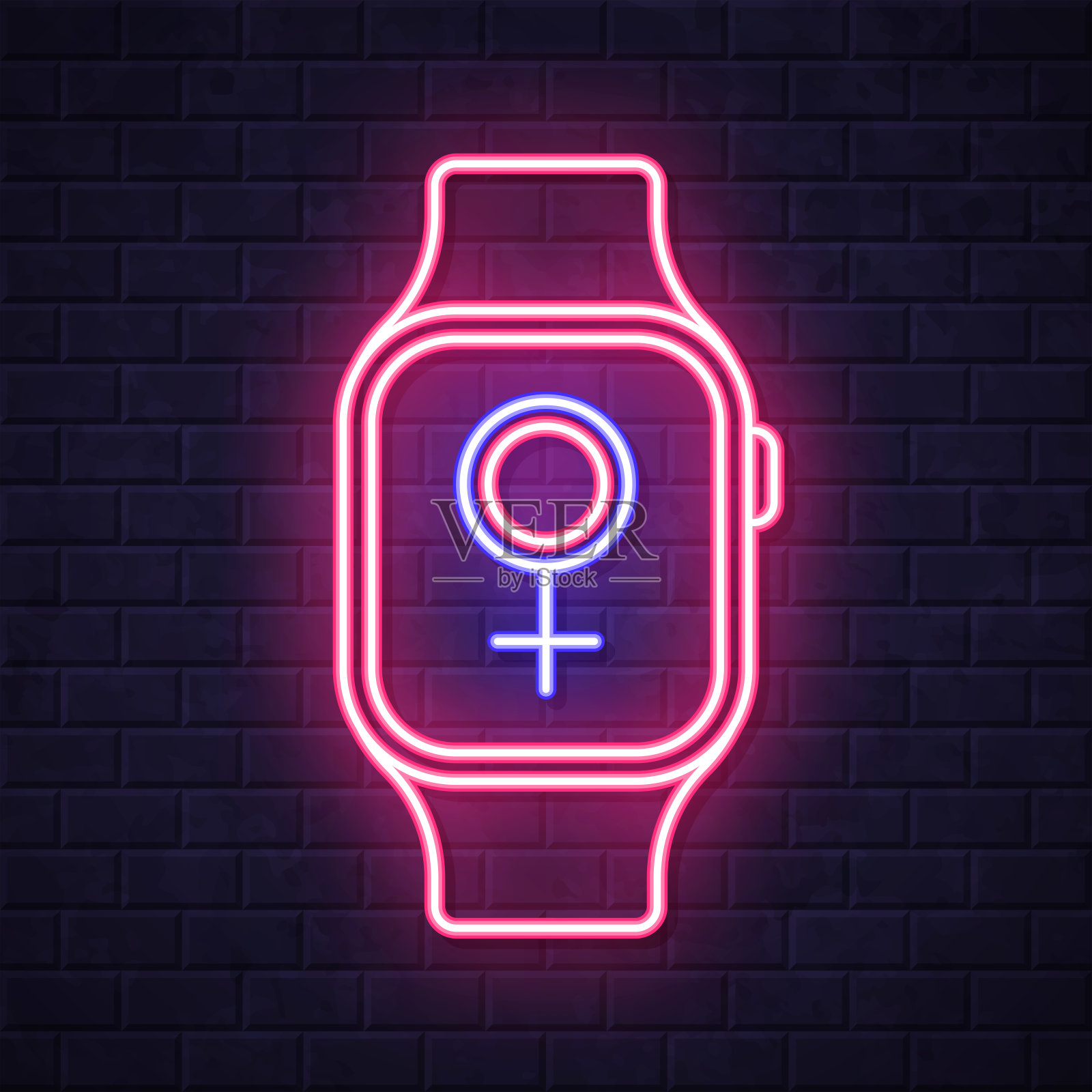 带有女性标志的智能手表。在砖墙背景上发光的霓虹灯图标插画图片素材
