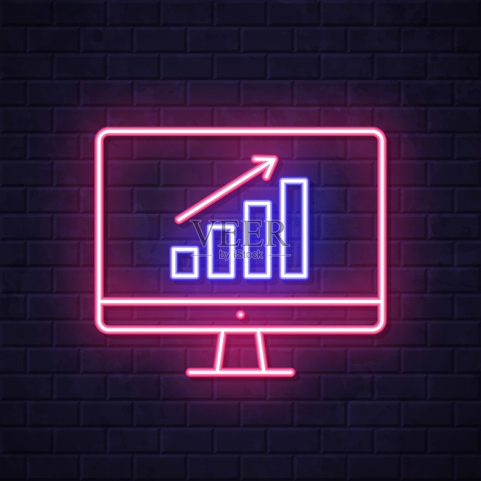 台式电脑上的生长图表。在砖墙背景上发光的霓虹灯图标插画图片素材
