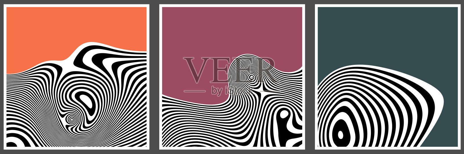 一套复古的旗帜设计与波浪对比条纹和光学干涉效果。运动的错觉海报，传单，邀请，封面，标书。插画图片素材