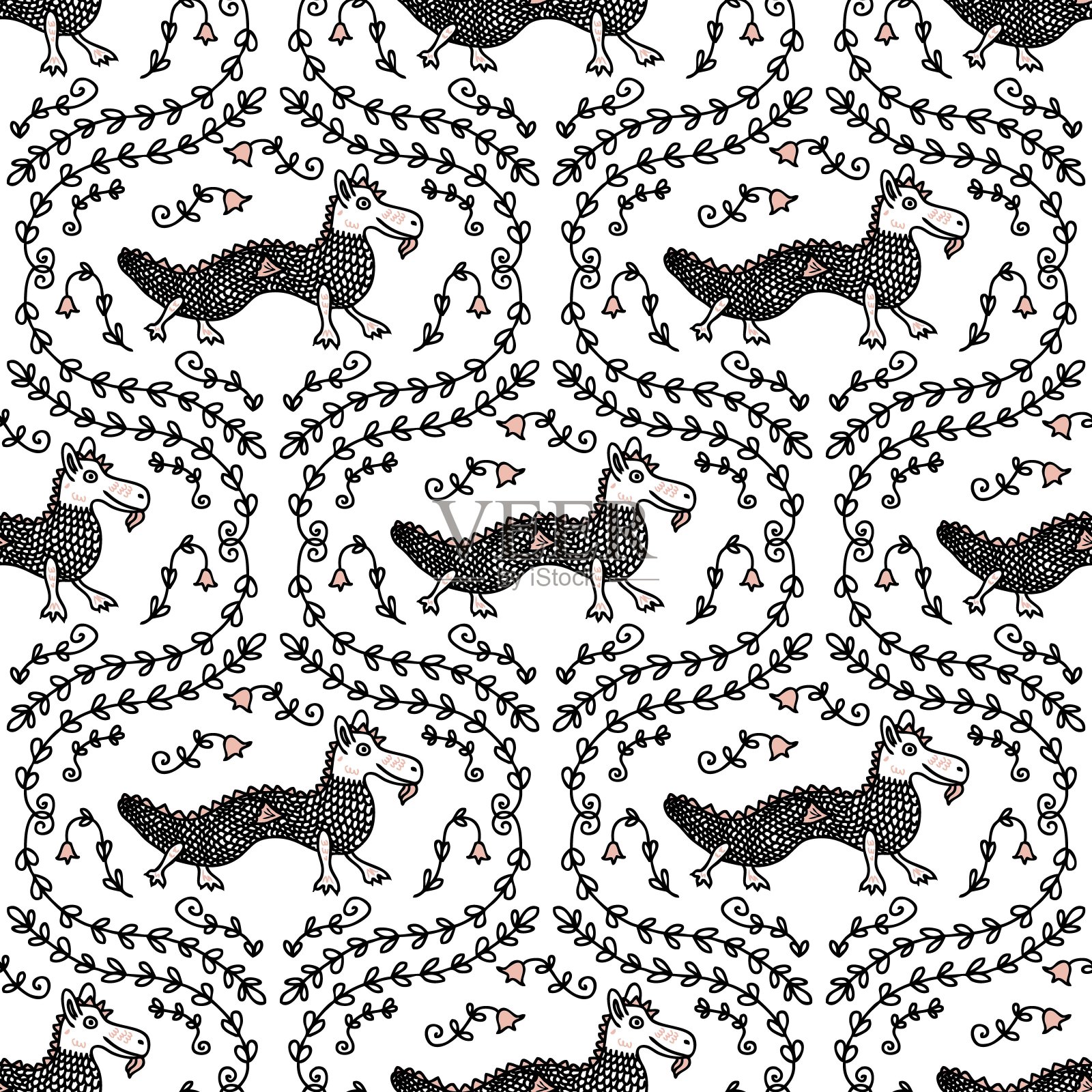 涂鸦超现实的龙怪物无缝图案。梦幻印花t恤，纸张，纺织品和织物。涂鸦矢量插图。插画图片素材