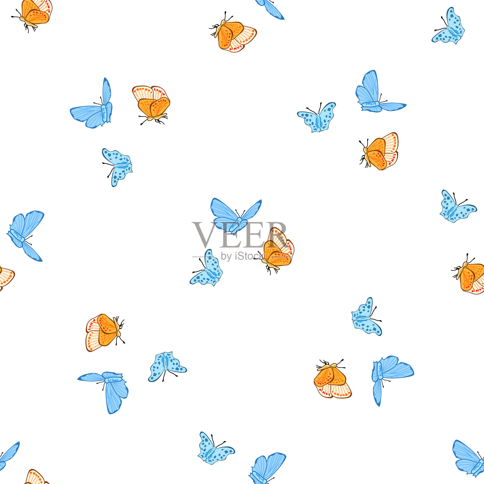 无缝模式。白色背景上的黄蓝蝴蝶。向量插画图片素材