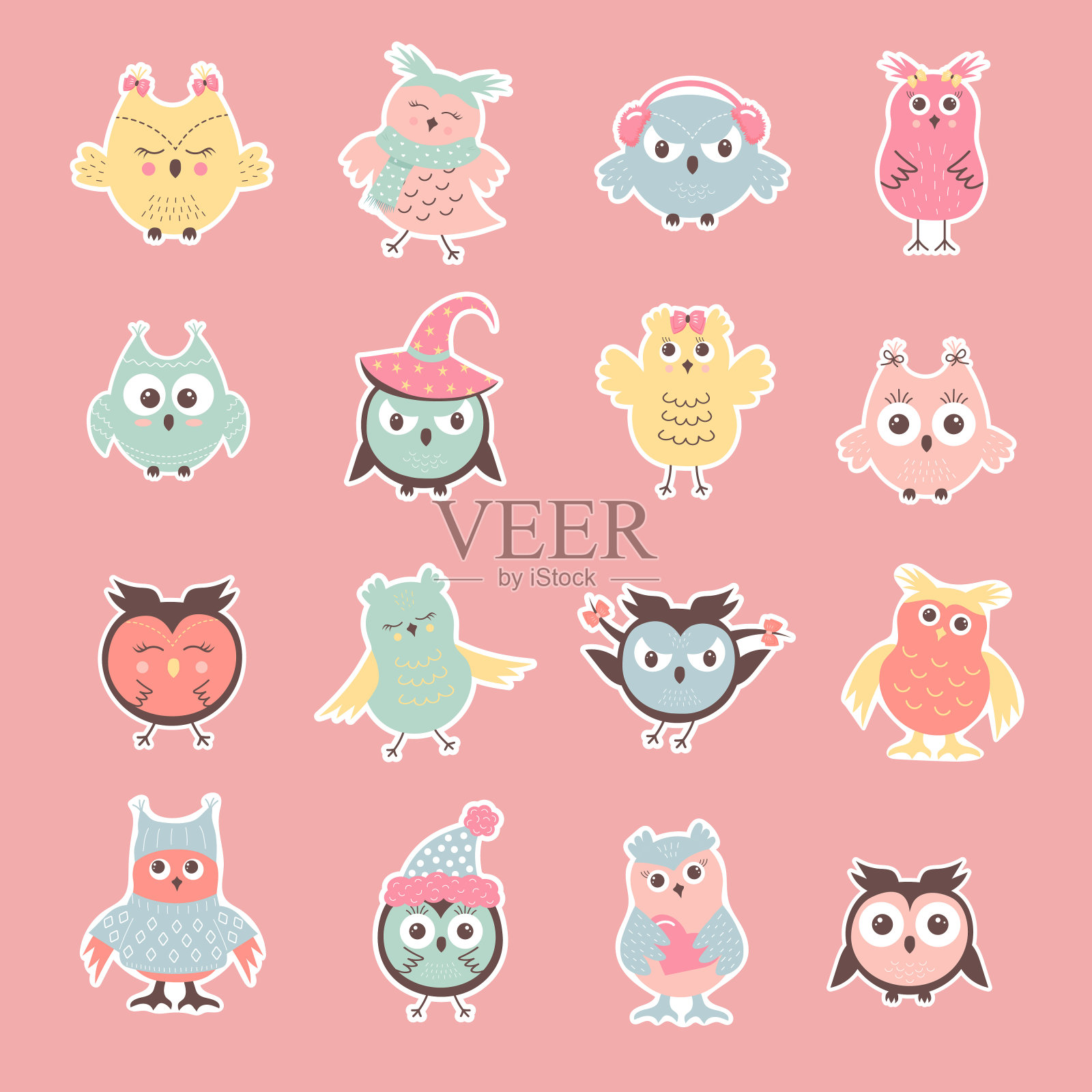 可爱有趣的猫头鹰贴纸集。冬天的人物穿着不同的衣服，摆着不同的姿势。彩色矢量插图在平面卡通风格。插画图片素材