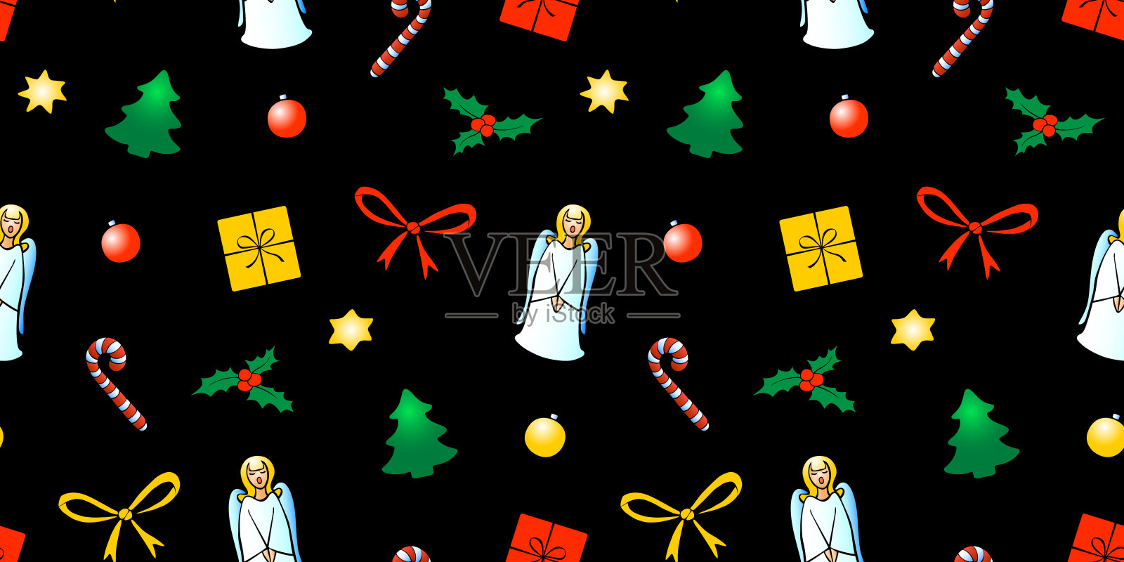 矢量无缝图案的节日符号-数字圣诞树，唱歌的天使，冬青浆果，礼物，糖果手杖在平面风格。明亮的背景，纹理主题新年，圣诞节。插画图片素材