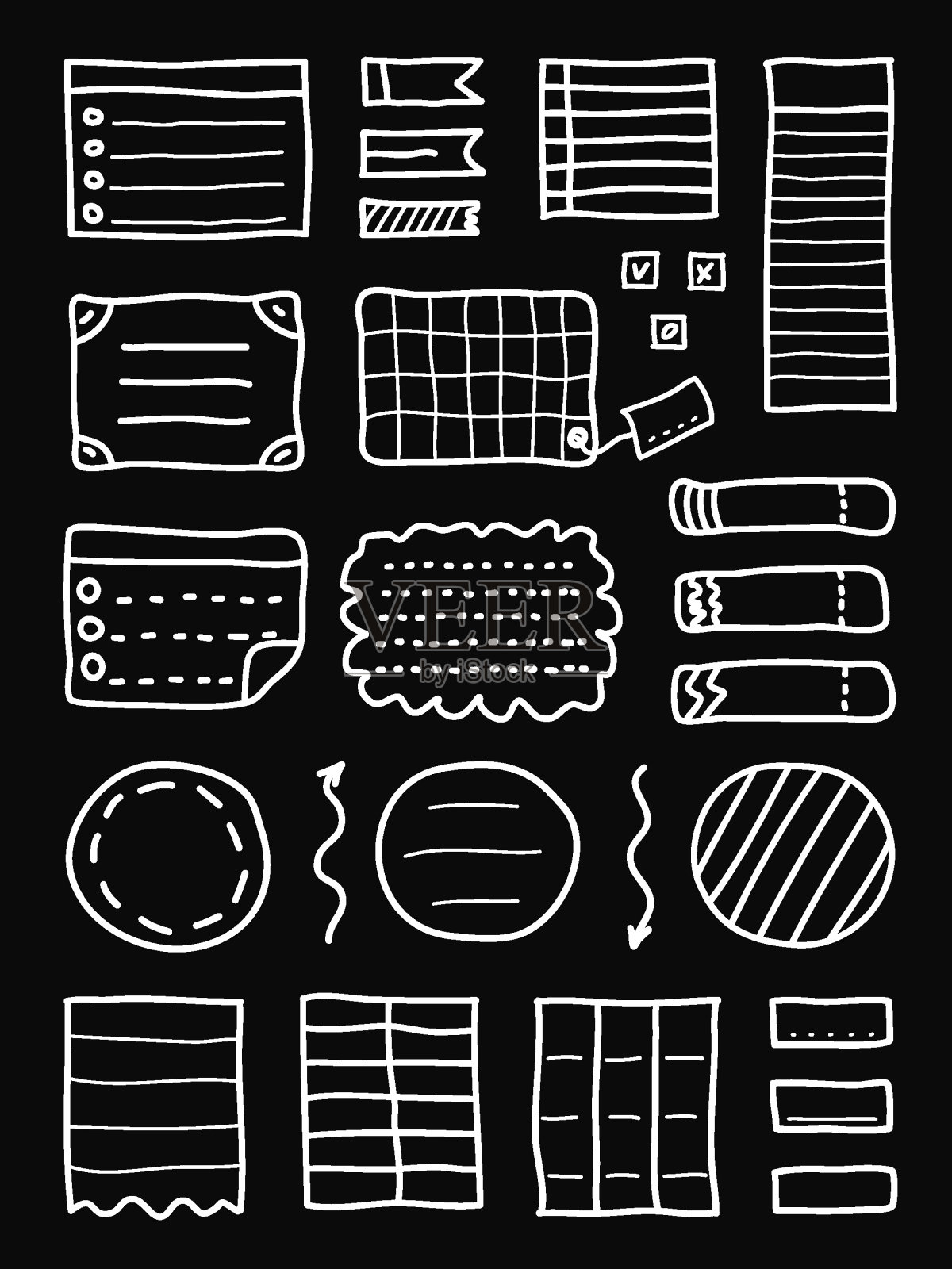 涂鸦子弹日记。手绘矢量元素的笔记本，日记和计划。黑色背景上孤立的横幅插画图片素材