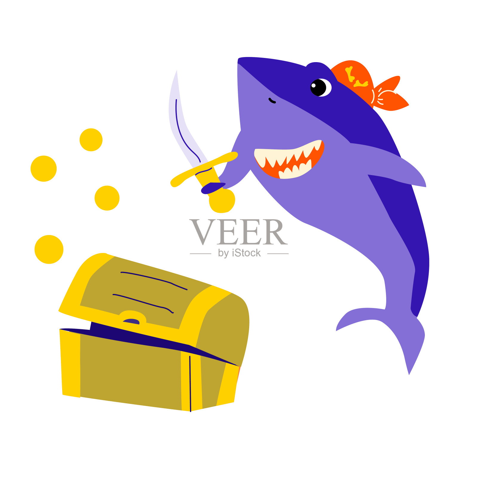 可爱的蓝色鲨鱼鱼动物海盗与盒子插画图片素材