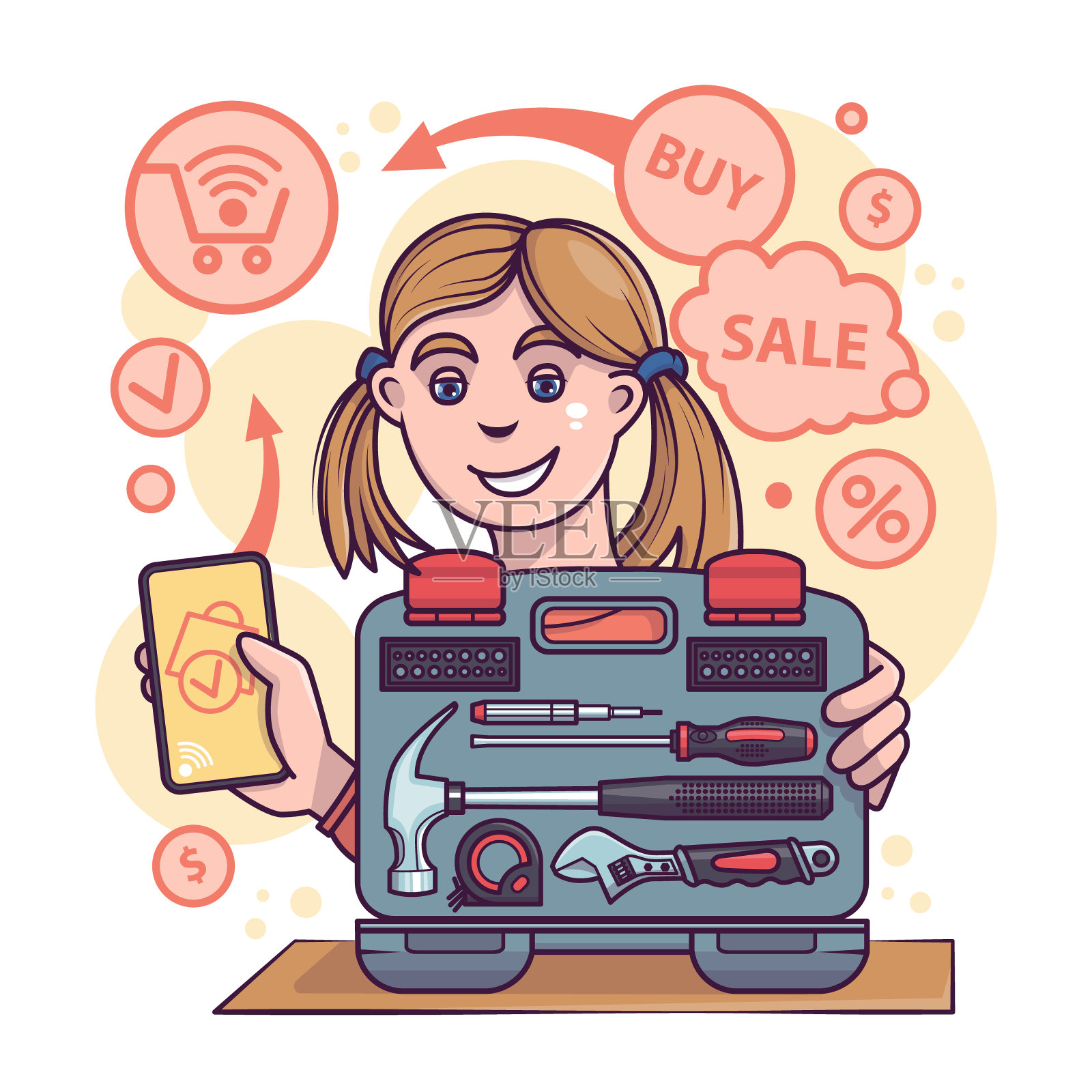 微笑的女孩为爸爸订购工具箱。网上购物概念插画图片素材