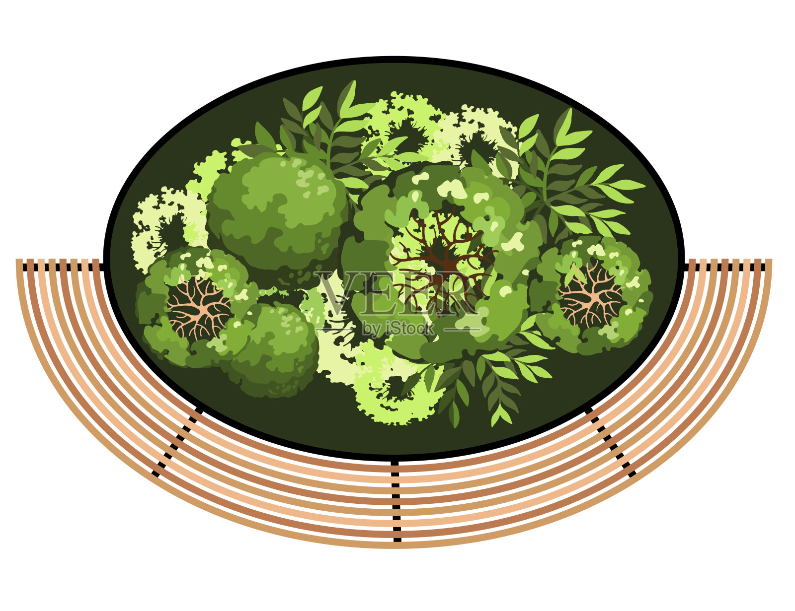 长凳俯视图为建筑景观平面图。有树和绿色的长凳。随行人员设计。向量。插画图片素材