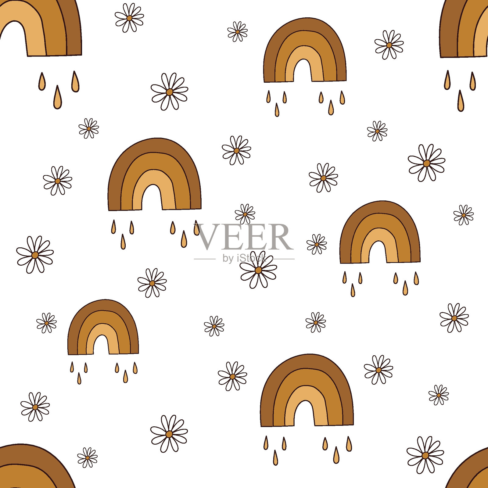 可爱幼稚的复古无缝图案与彩虹在波西米亚风格在柔和的色调插画图片素材