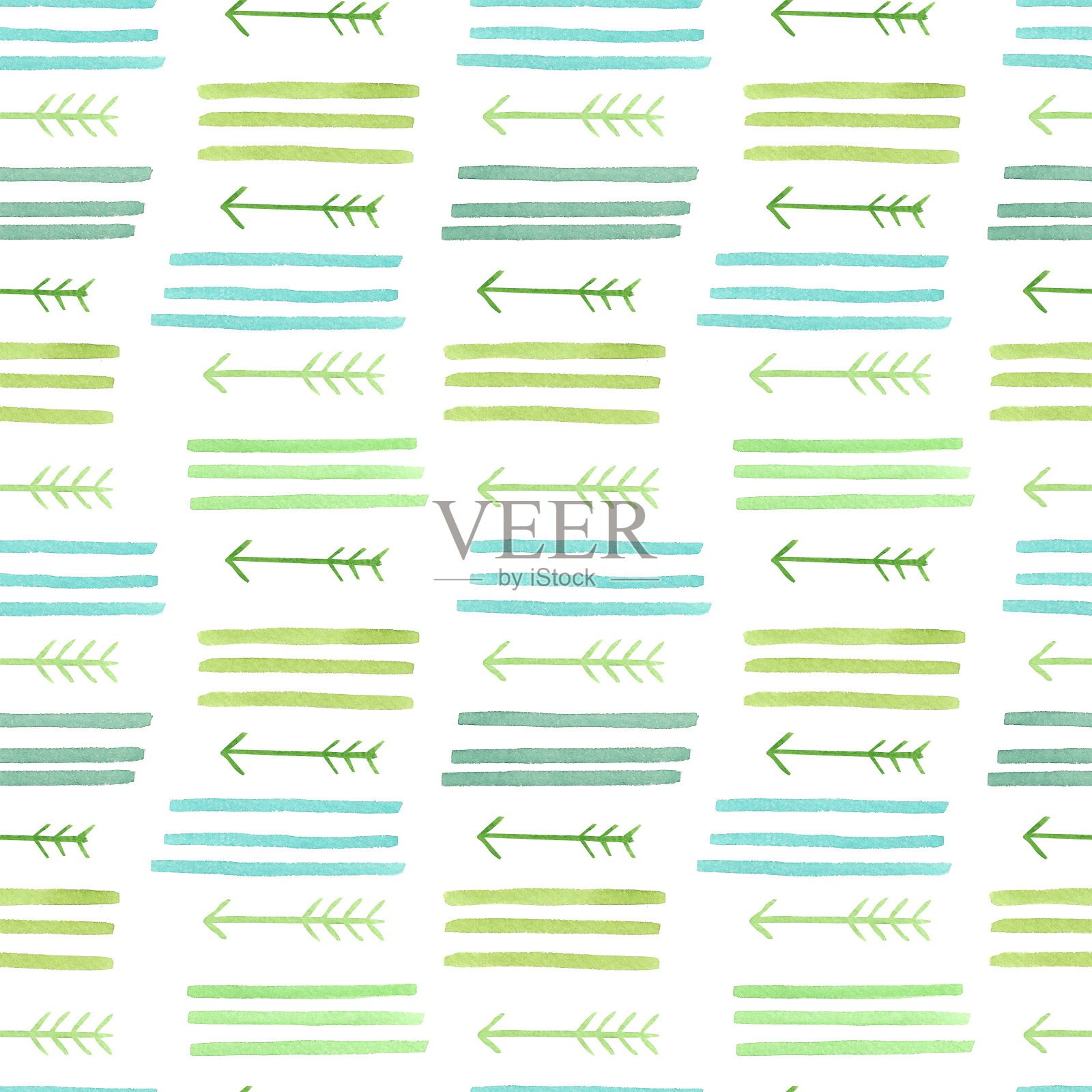 时尚的水彩无缝图案与绿色线条在幼稚的风格。插画图片素材