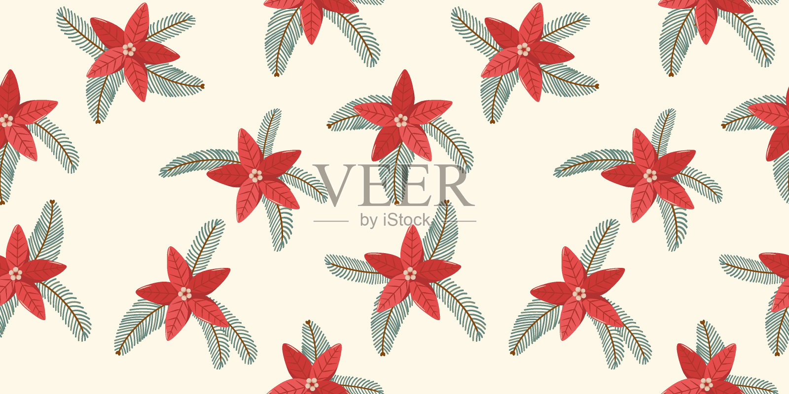 冬季矩形无缝图案与手绘圣诞树枝白色背景，一品红在平面矢量风格。节日应季花卉装饰。用于纺织、背景、包装插画图片素材