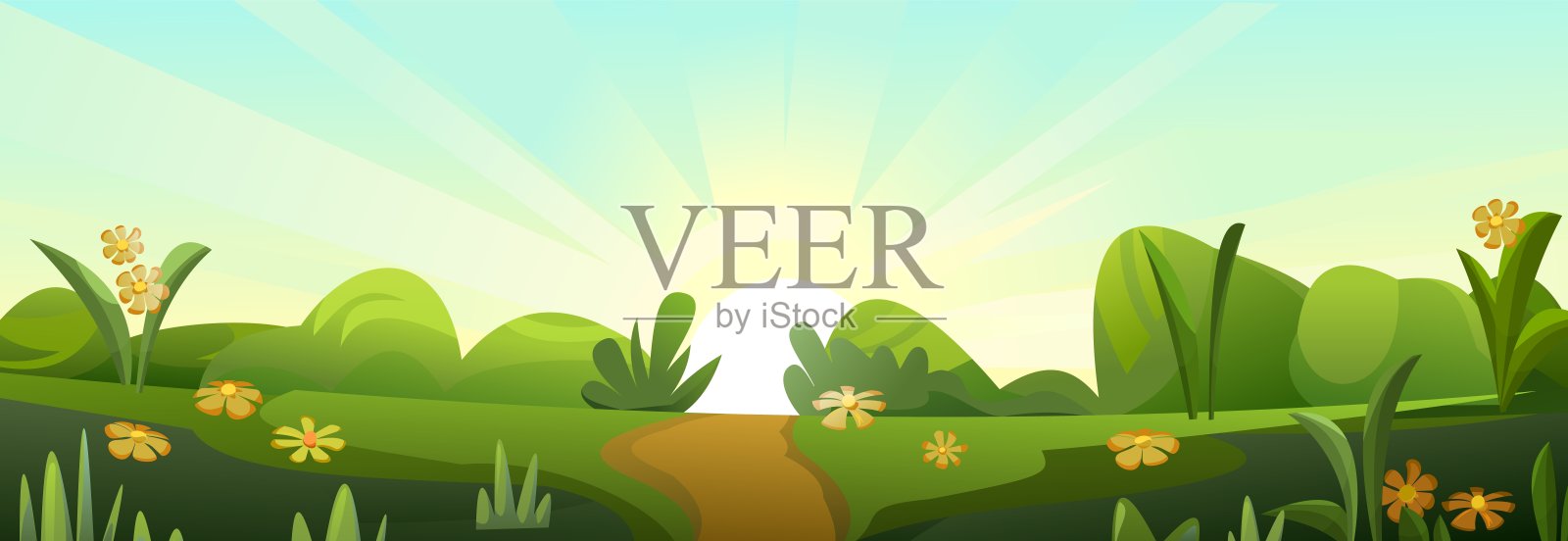 晨曦照在草地上。风景景观。有趣的卡通风格。向量插画图片素材