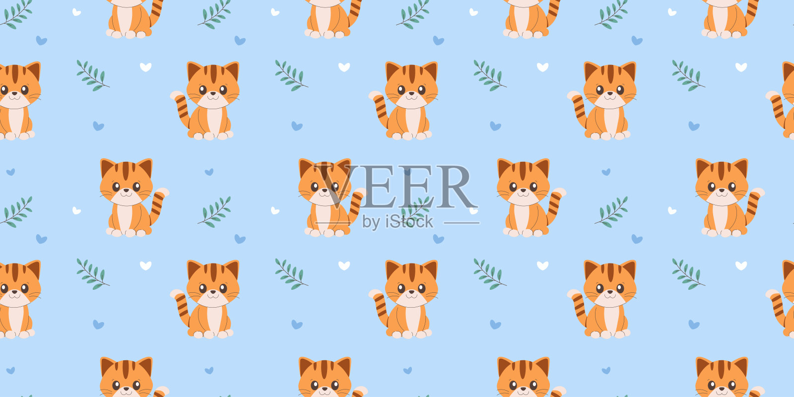 无缝图案可爱的小猫在浅蓝色的背景插画图片素材
