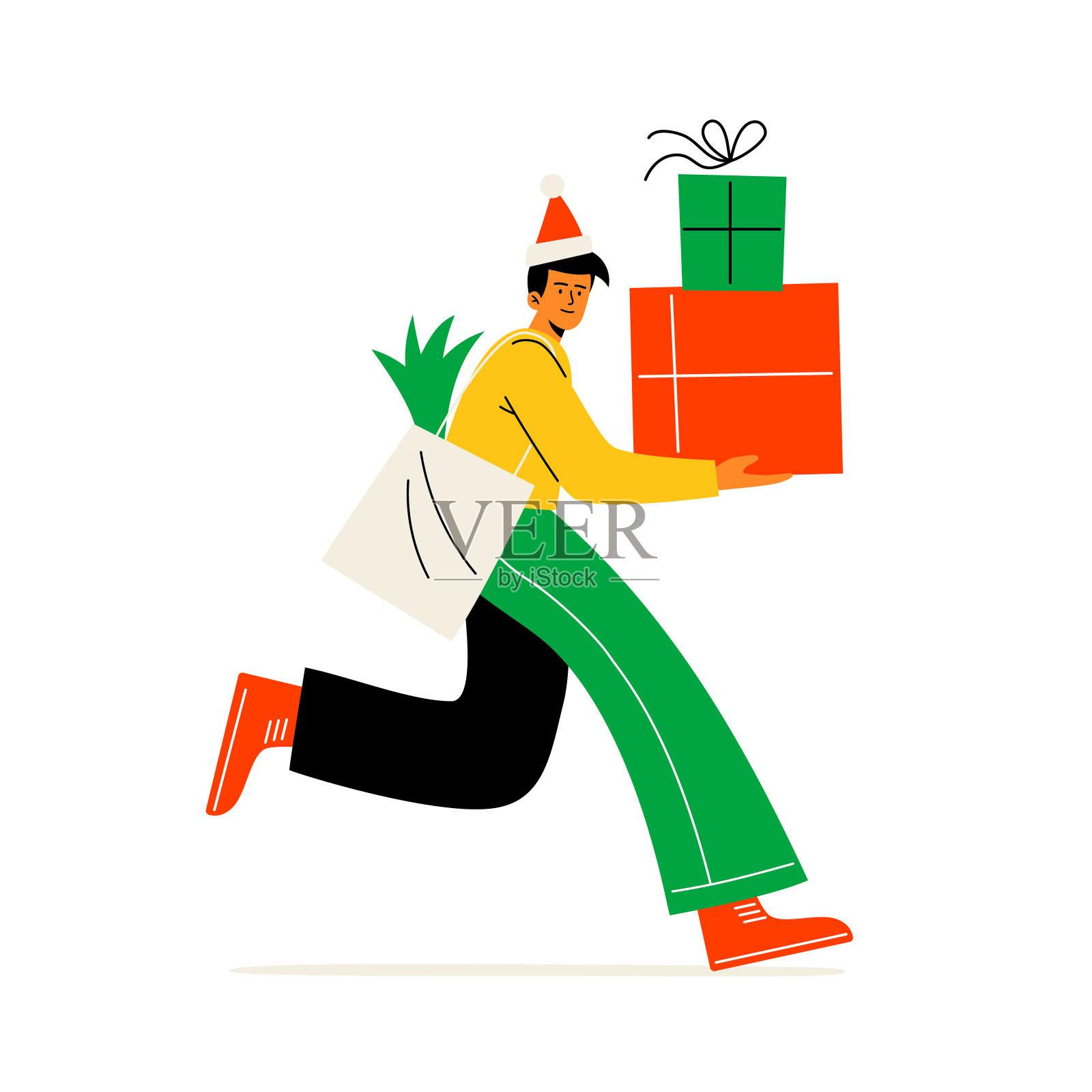 一个戴着圣诞帽的人手里拿着礼物跑着。新年礼物和销售。矢量平面插图孤立在一个白色的背景。插画图片素材