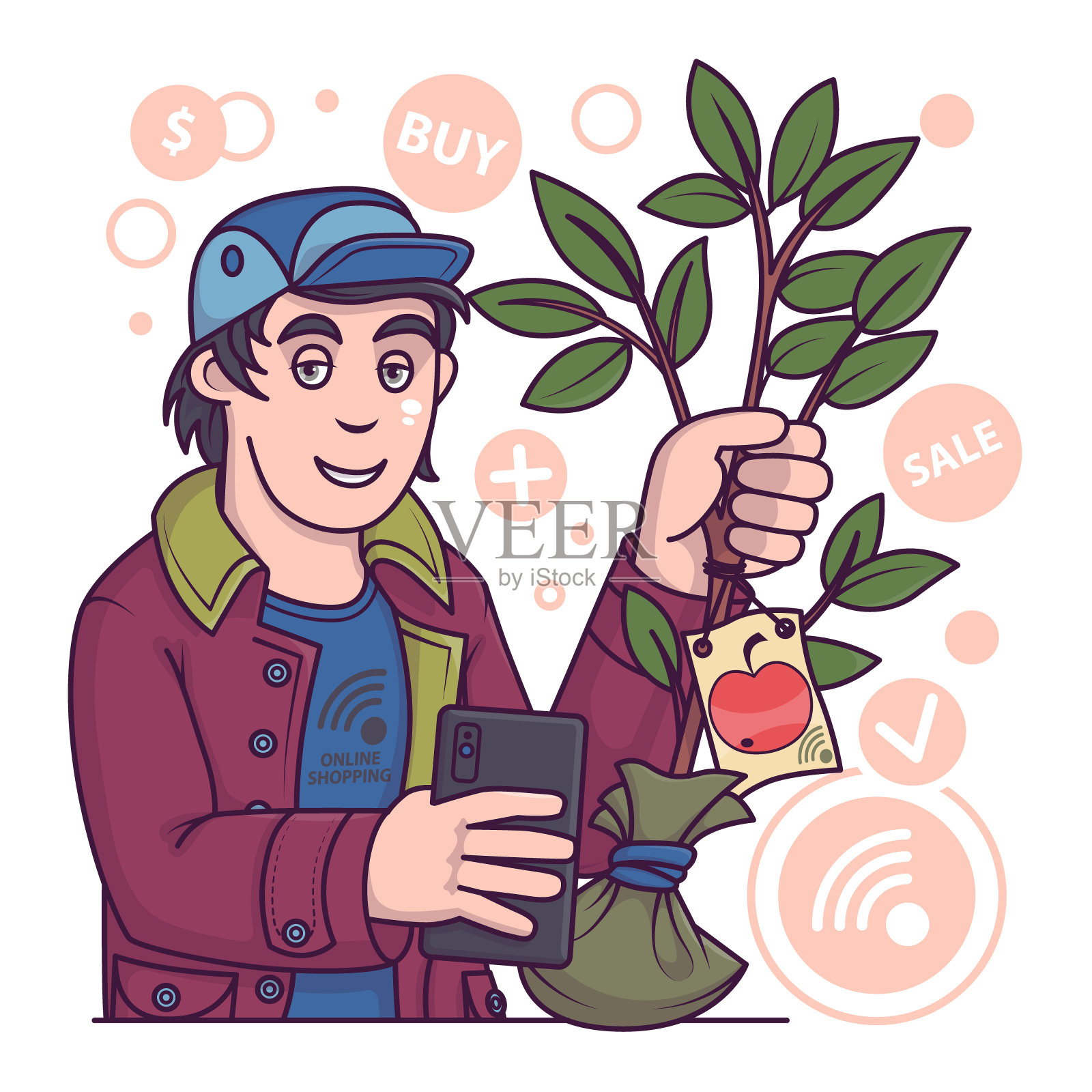 年轻男性通过智能手机搜索小苹果树。购买植物种植在花园插画图片素材