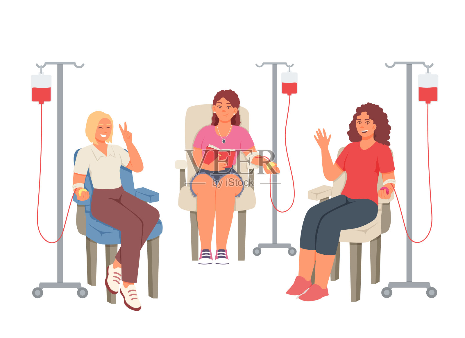 年轻的女性坐在病房里，读书和献血插画图片素材