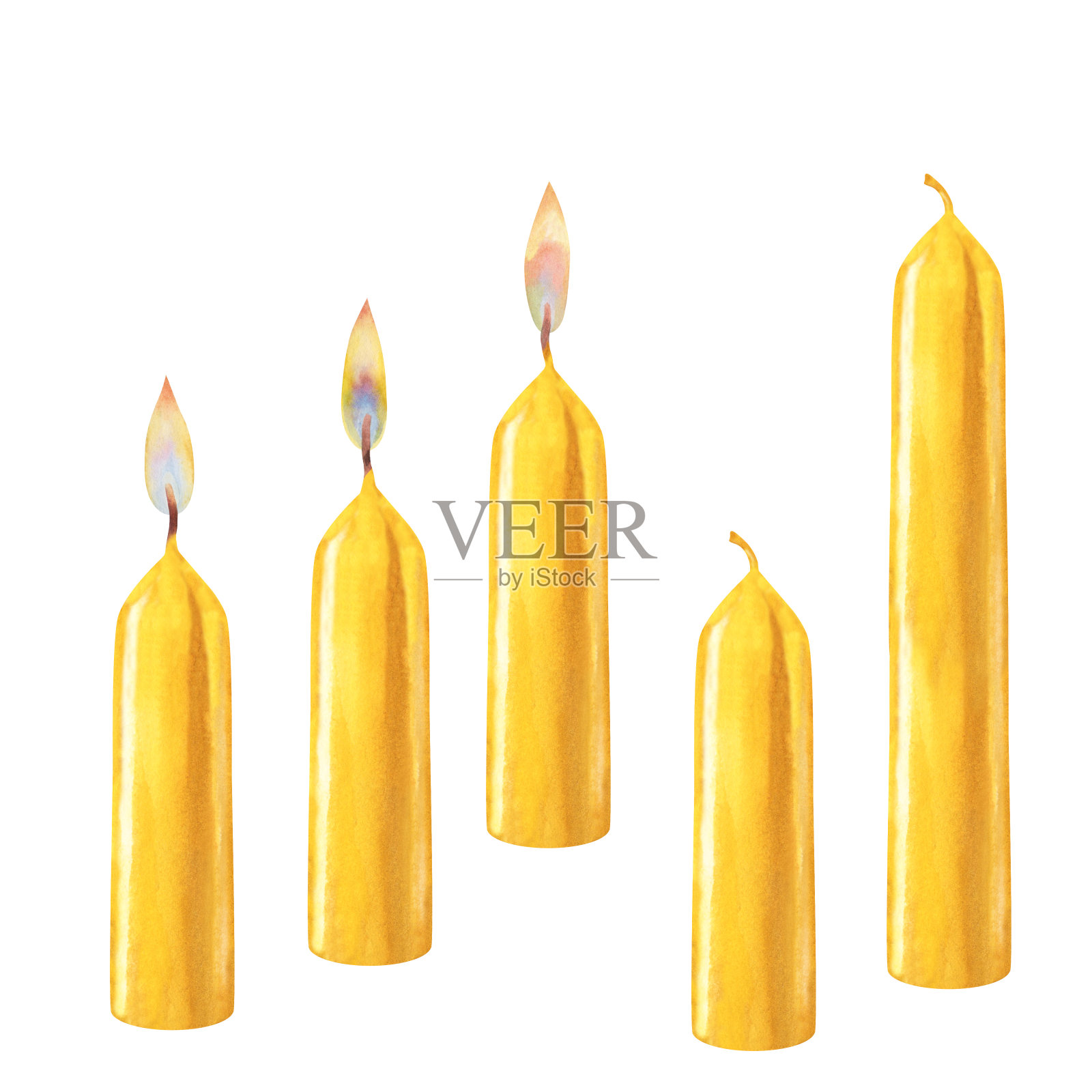 水彩黄色垂直短和长蜡烛与火焰的不同类型和没有火焰的圣诞节，圣烛节，婚礼，生日，复活节，魔术，纪念日，水疗和放松插画图片素材