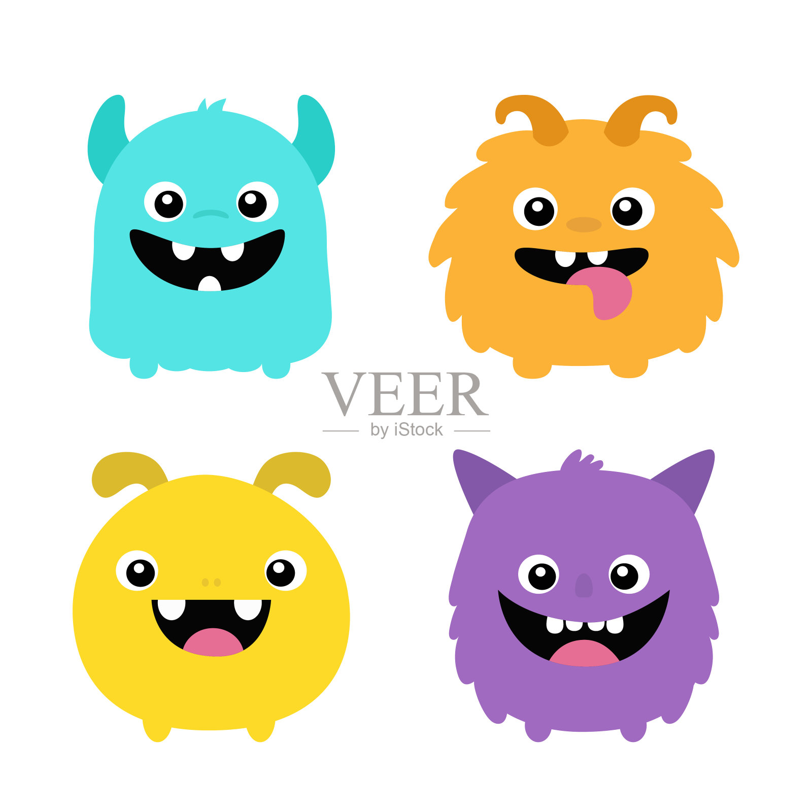 万圣节快乐。怪物。可爱的头脸。四个五颜六色的怪物。卡通卡哇伊微笑有趣的boo人物。幼稚的婴儿收藏。t恤的设计。白色背景。平面设计。插画图片素材