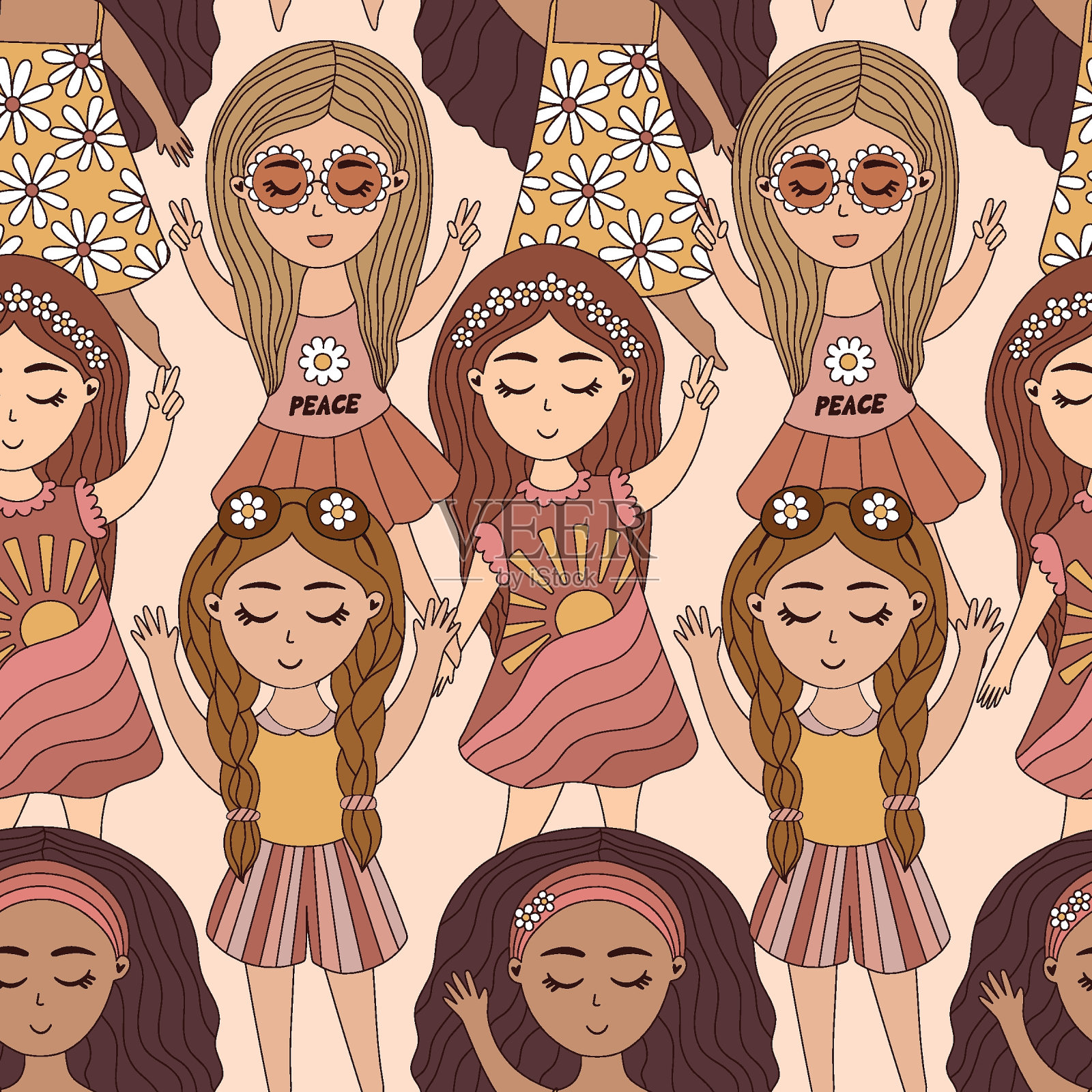 复古女孩无缝图案。手绘矢量插图复古风格插画图片素材