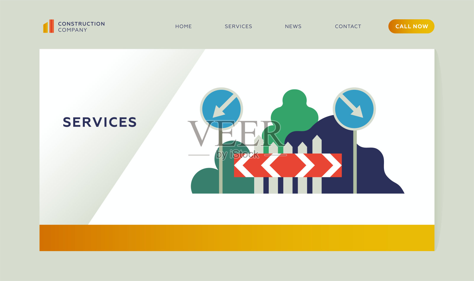 服务。建筑公司。箭头，方向道路标志，临时围栏标志在自然背景。现代平面矢量插图。登陆页面模板。网站横幅。插画图片素材