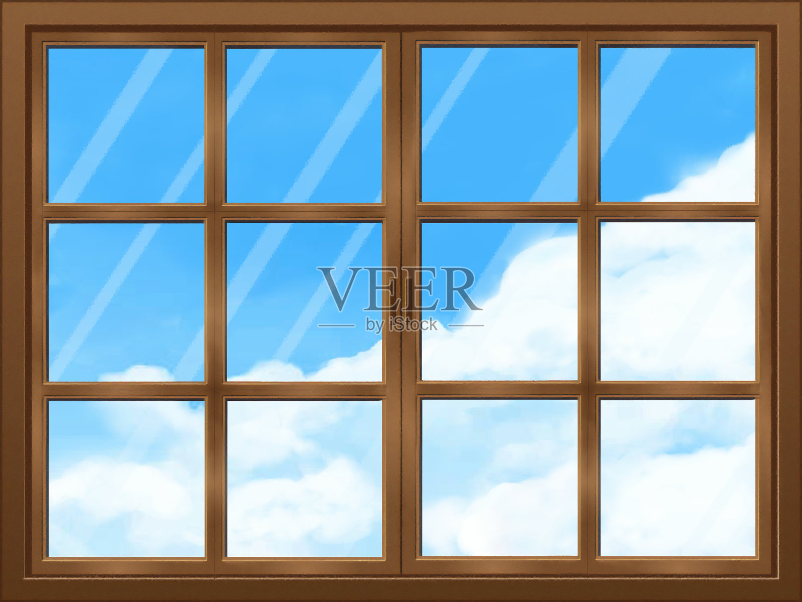 西式复古双开窗/棕色/蓝色天空插画图片素材
