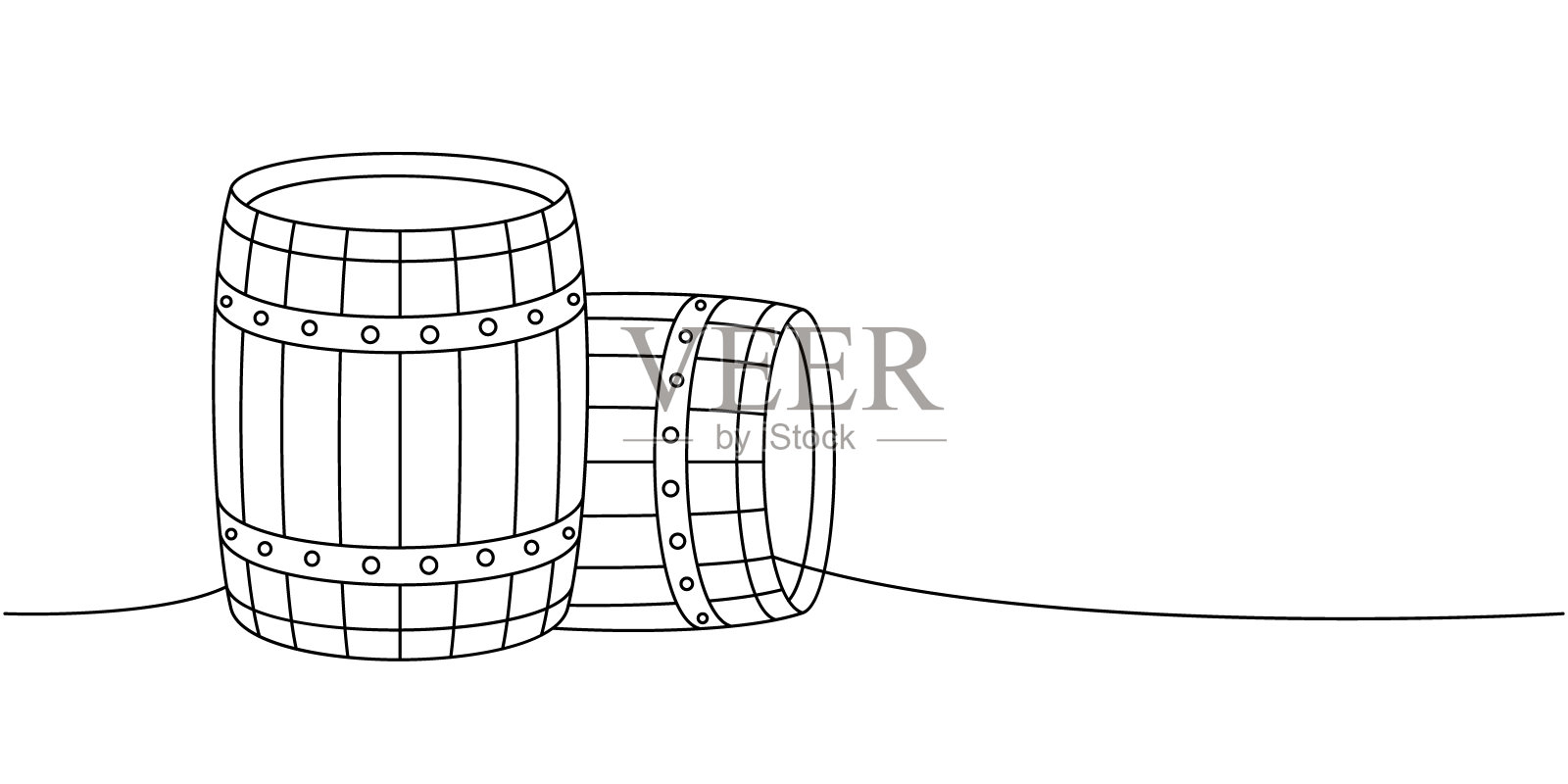 木桶一行连续拉制。啤酒老桶连续一行插图。向量线性图解。插画图片素材