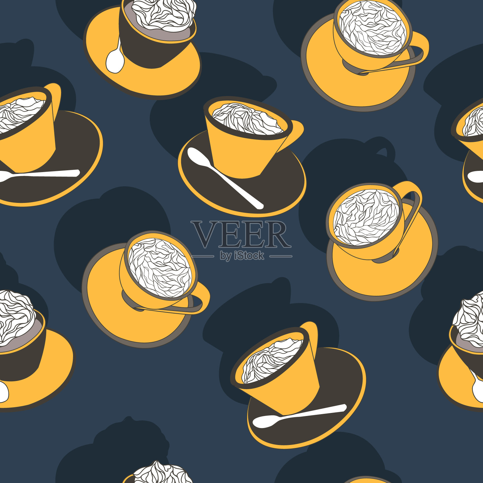无缝图案咖啡杯与生奶油插画图片素材