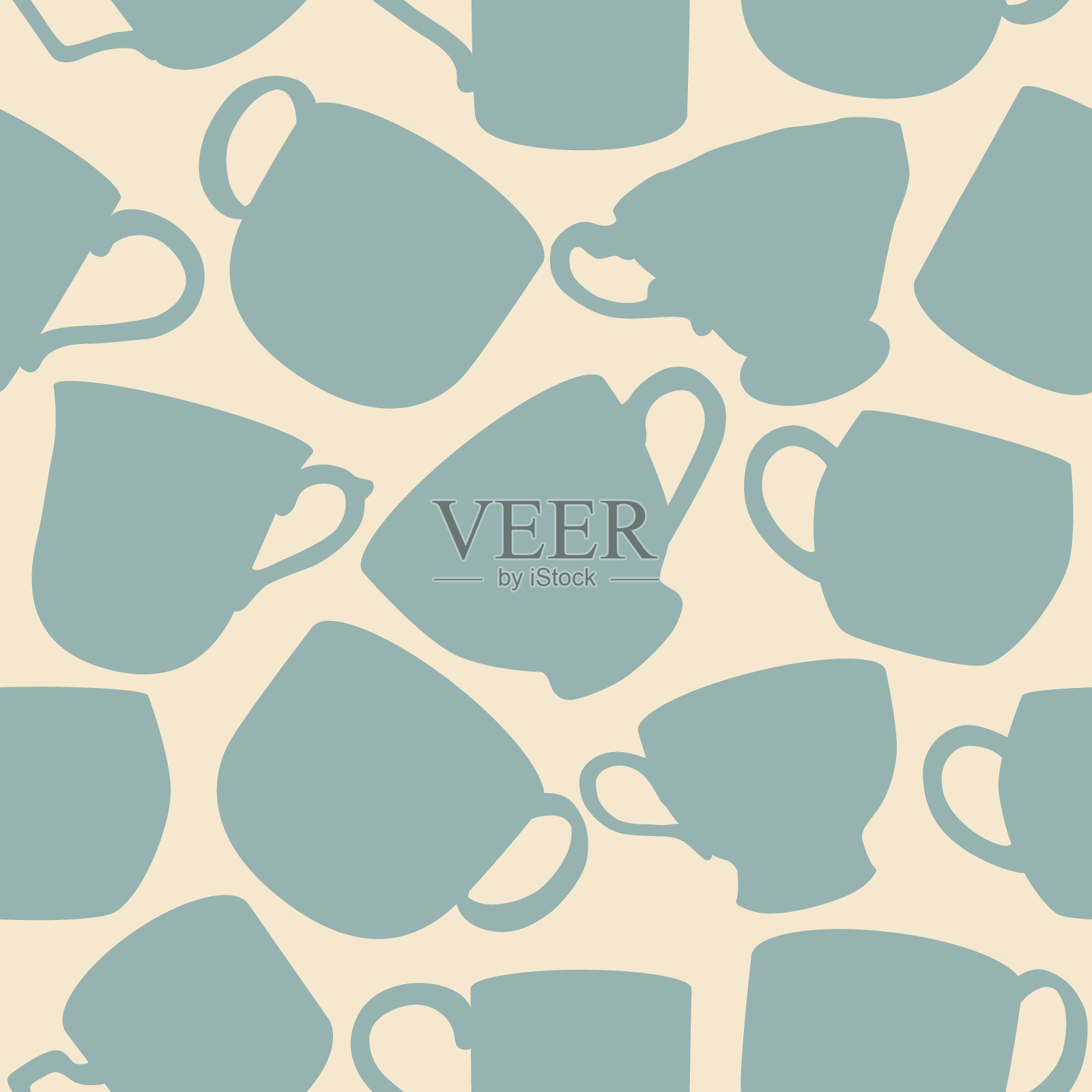 绿色茶杯上的浅黄色背景隔离矢量无缝模式插画图片素材