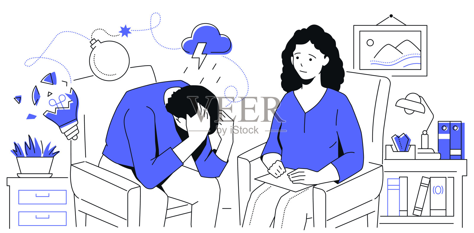心理咨询师会谈现代线条设计风格插画插画图片素材