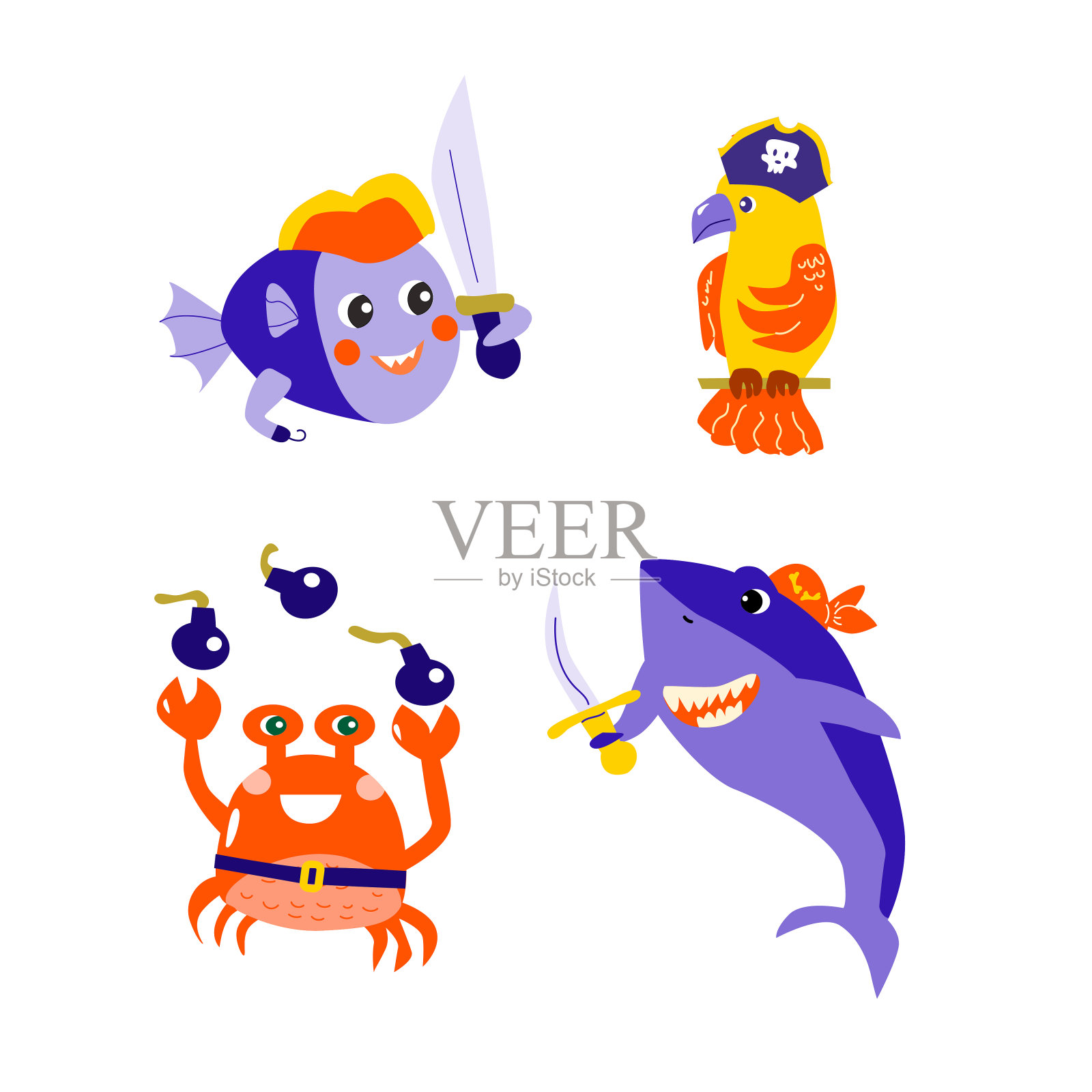 一套卡通人物鱼海盗和鹦鹉插画图片素材