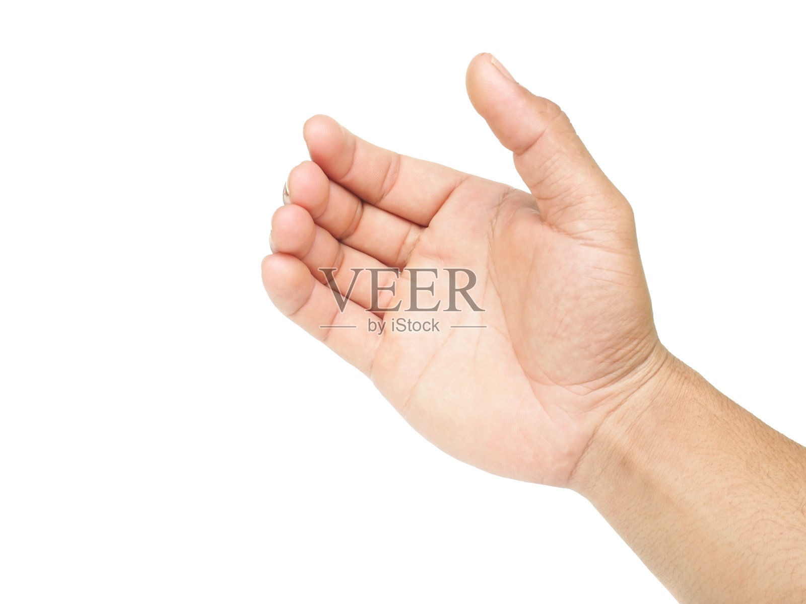 男人的手做手势，比如拿着手机或水瓶等东西，孤立在白色背景上。照片摄影图片