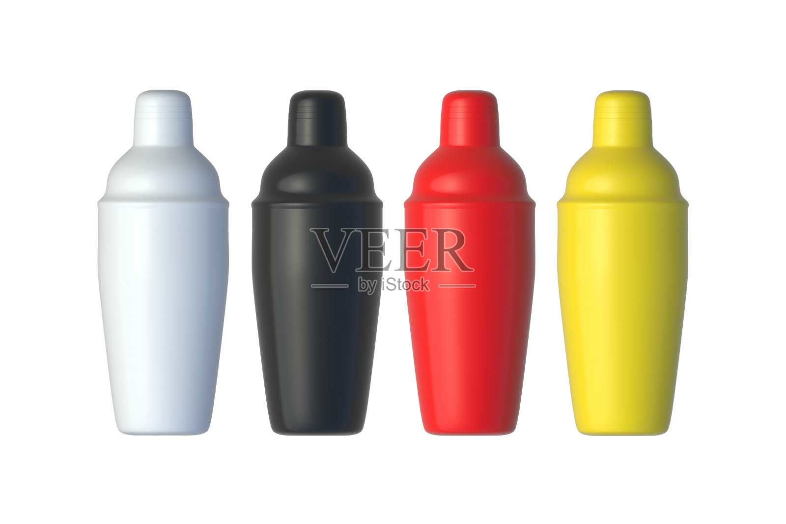 一套彩色鸡尾酒摇壶孤立在白色背景。酒吧配件。酒精饮料搅拌机。调酒师工具。饮料混合设备。三维渲染照片摄影图片