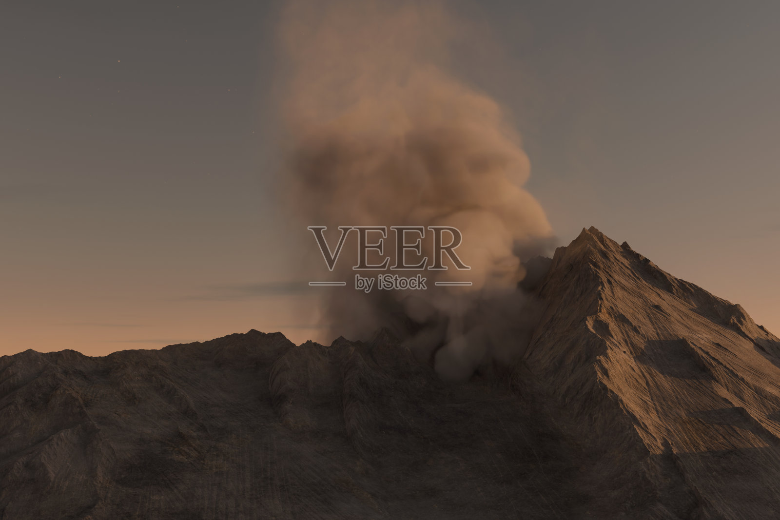 傍晚阳光下火山喷发烟雾的3D渲染。没有使用任何形式的人工智能软件制作的图像照片摄影图片