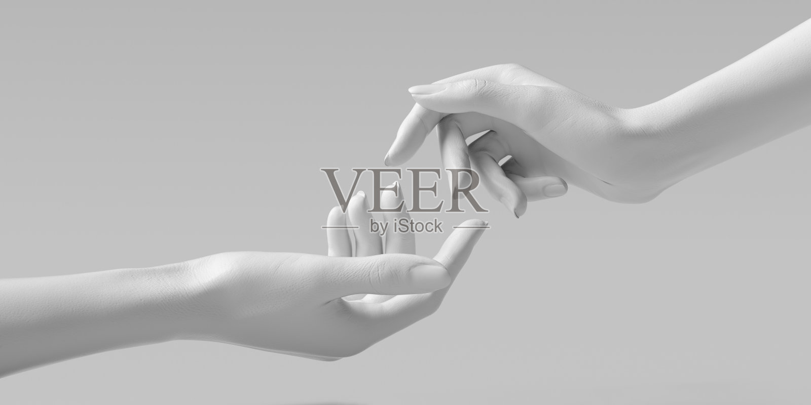 双手白色雕塑。假人的双手相互接触，手指在白色背景上分开。感人，创造姿态艺术的创作理念。照片摄影图片