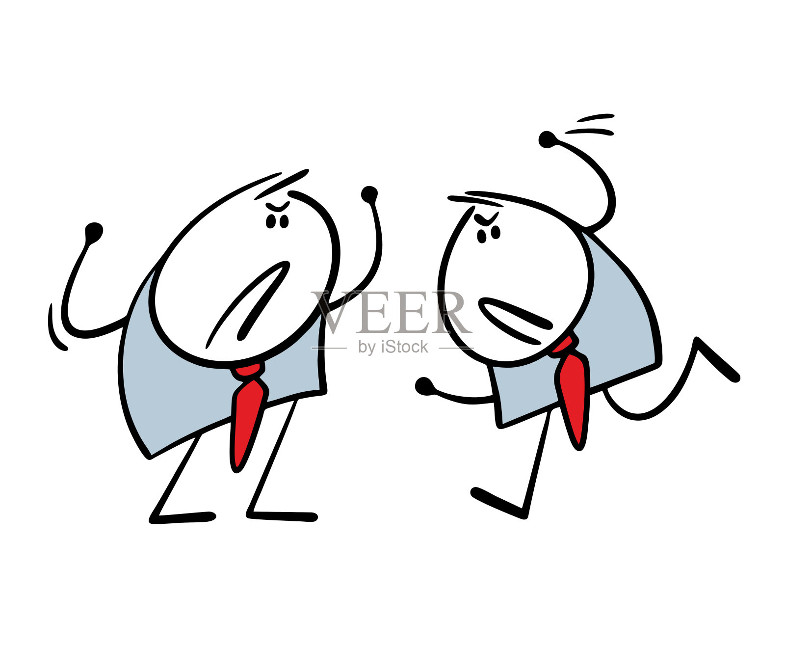 两个西装革履的男人在办公室打架。矢量插图粗鲁的棍棒人攻击软弱的同事，竞争对手为自己辩护，举手。孤立的漫画漫画在白色的背景。插画图片素材