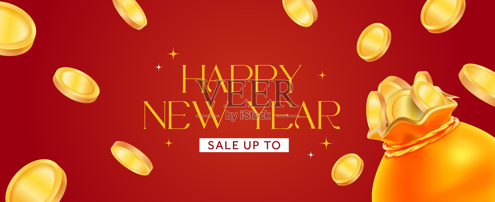 3d新年快乐折扣活动横幅模板与金币飞出一个袋子，孤立的背景。新年快乐背景，折扣券礼品卡概念。矢量图插画图片素材