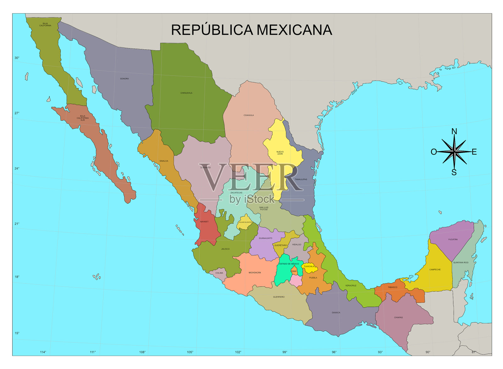 墨西哥共和国或墨西哥的地图，用颜色和度数命名插画图片素材