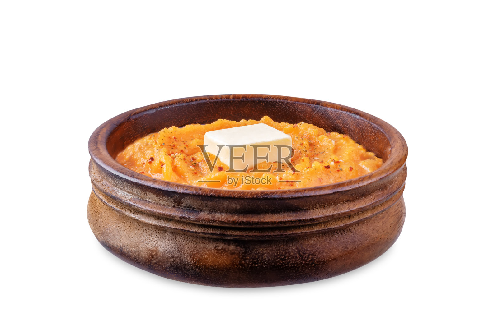 在碗里煮熟的红薯泥，背景是白色的照片摄影图片