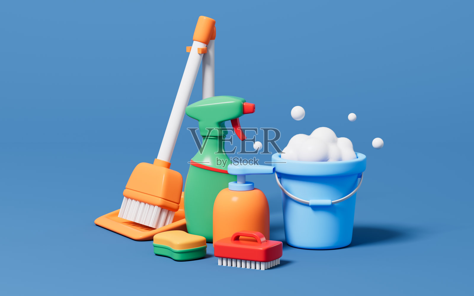卡通洗涤剂和桶，做家务，3d渲染。照片摄影图片
