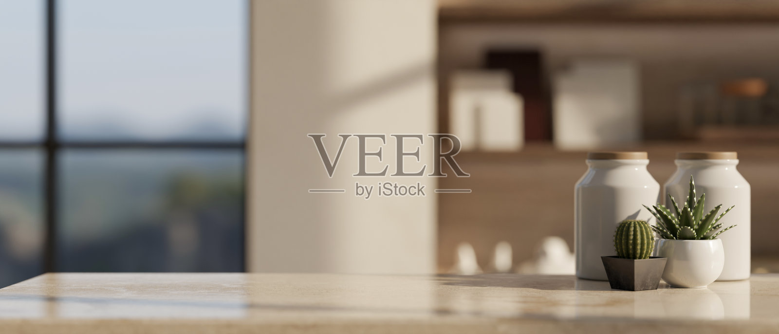 复制空间，盆栽植物和陶瓷瓶在一个现代房间的豪华桌子上。照片摄影图片