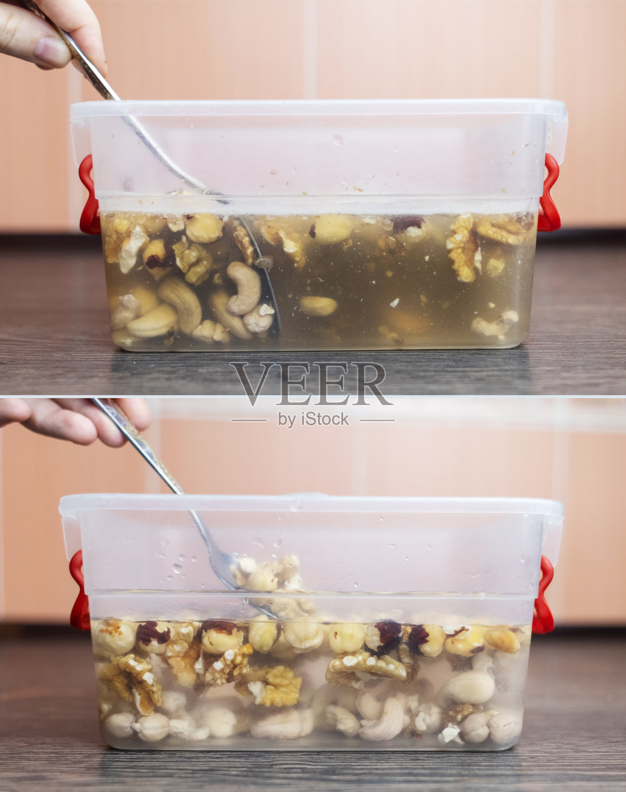 浸泡坚果。女孩展示肮脏的种子。食品的化学加工。消化问题是由花生不耐受，腰果，榛子过敏引起的。过敏反应植酸。前后对比照片摄影图片