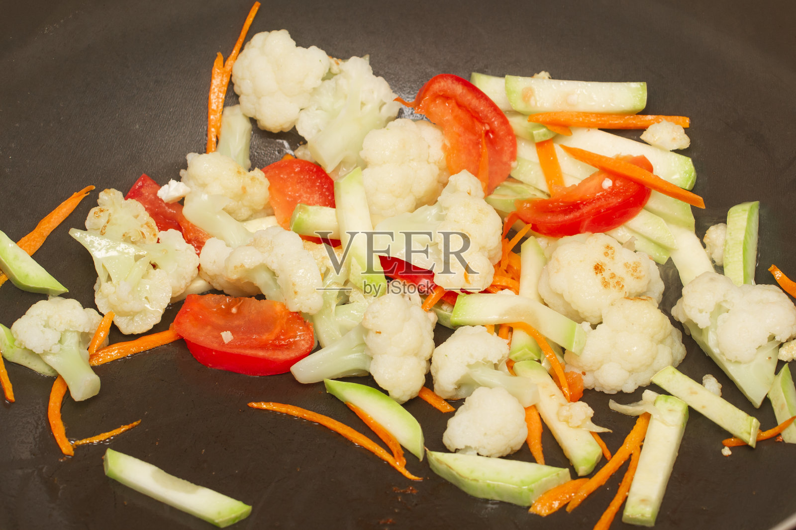 切成块的蔬菜在平底锅里煎。照片摄影图片