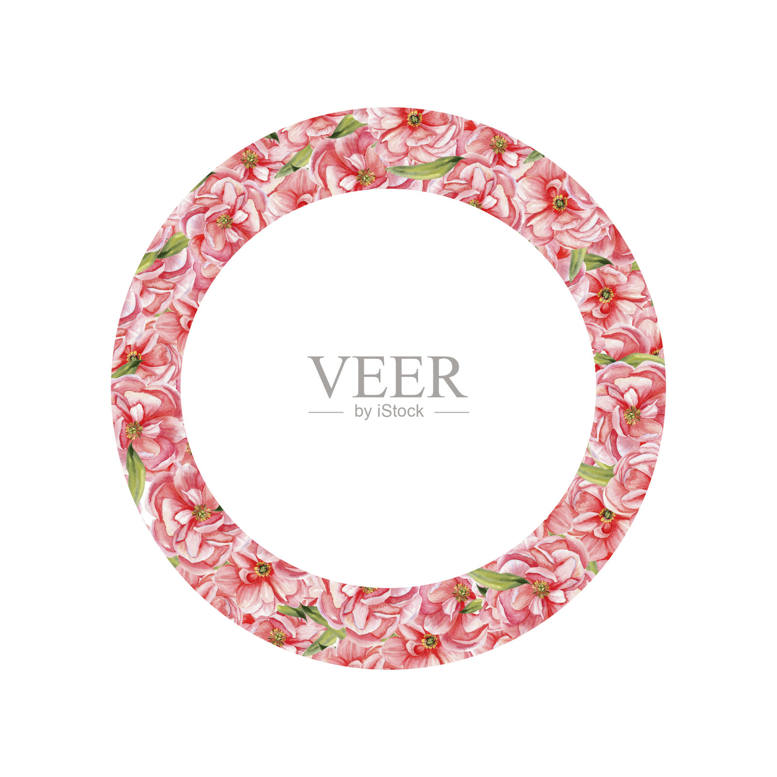 水彩粉色牡丹花环。手绘花卉圆形框架与淡粉色牡丹和绿叶的邀请，标签，标志，卡片装饰，剪贴画为商店设计照片摄影图片