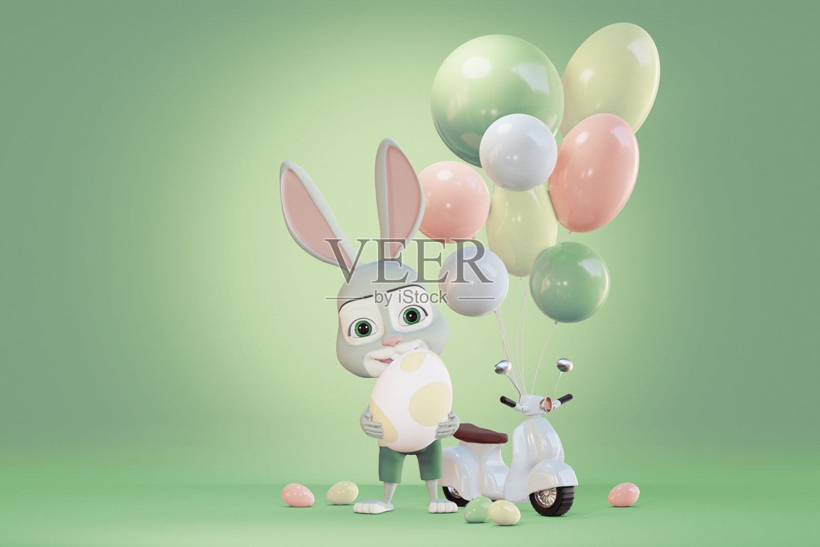 可爱的兔子拿着复活节篮子站在摩托车旁边，手里拿着彩蛋。三维渲染照片摄影图片