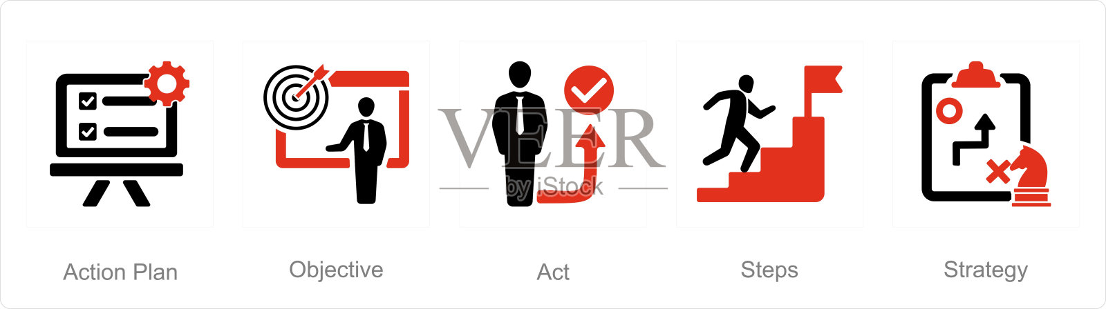 一组5个行动计划图标:行动计划、目标、行动插画图片素材