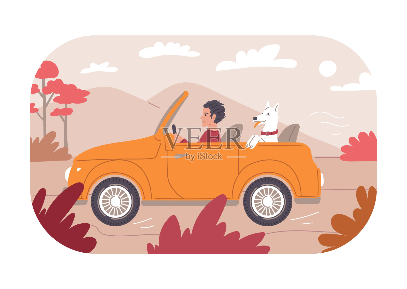 快乐的男人和狗一起开着敞篷车旅行，矢量暑假，和宠物在自然景观中享受假期插画图片素材