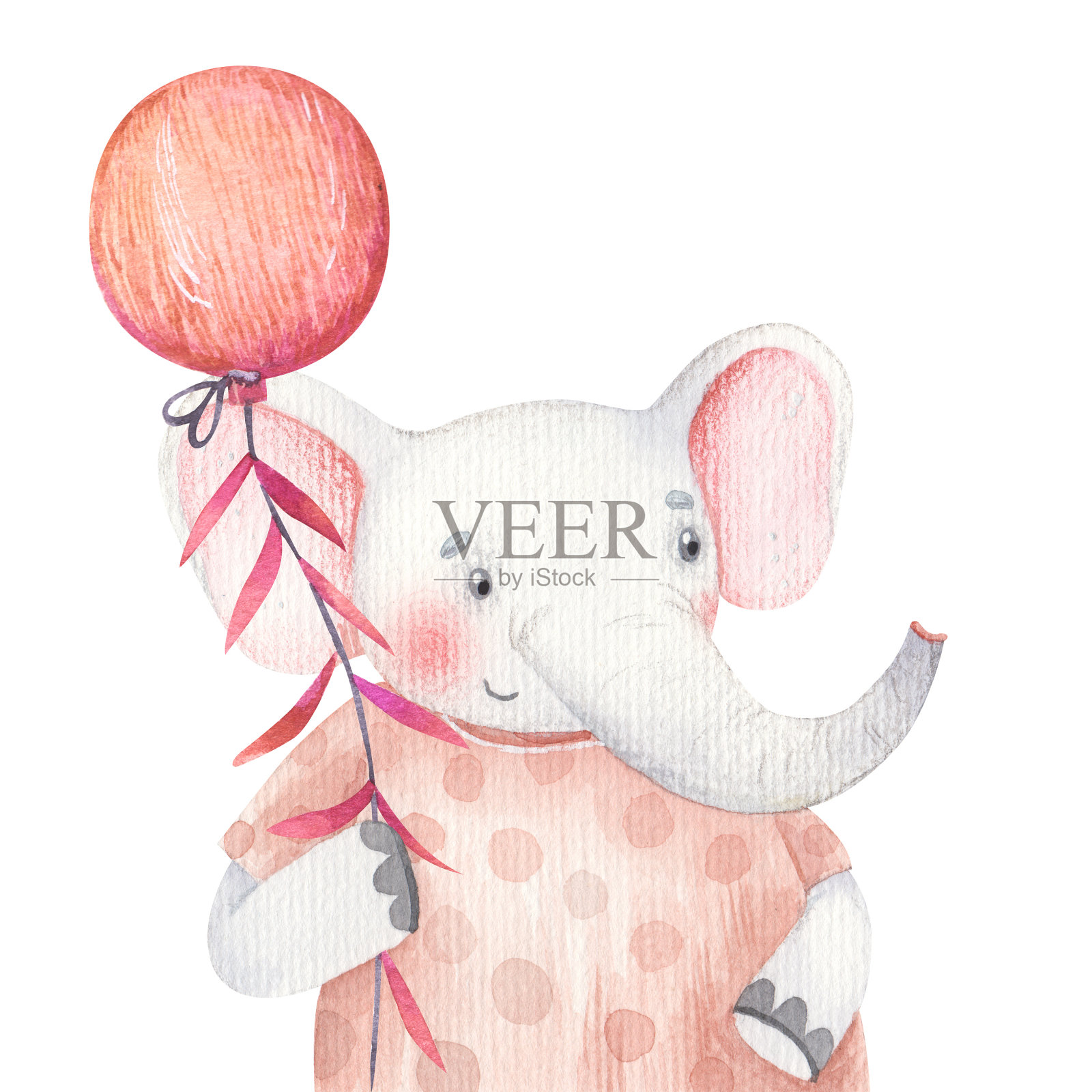 可爱的小象插图与红气球，节日插图水彩，托儿所装饰，印刷设计贴纸，请柬插画图片素材