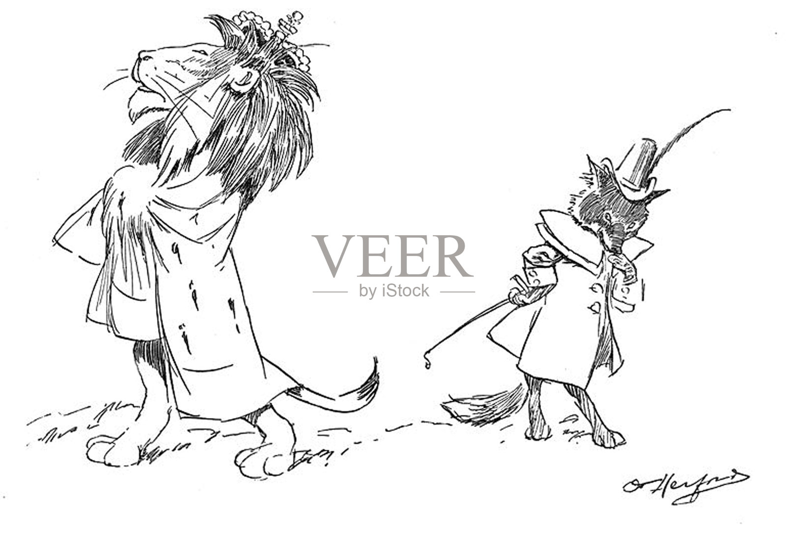 古色古香的插图——一头穿着长袍的狮子和一只穿着大衣的狐狸背对着站着插画图片素材